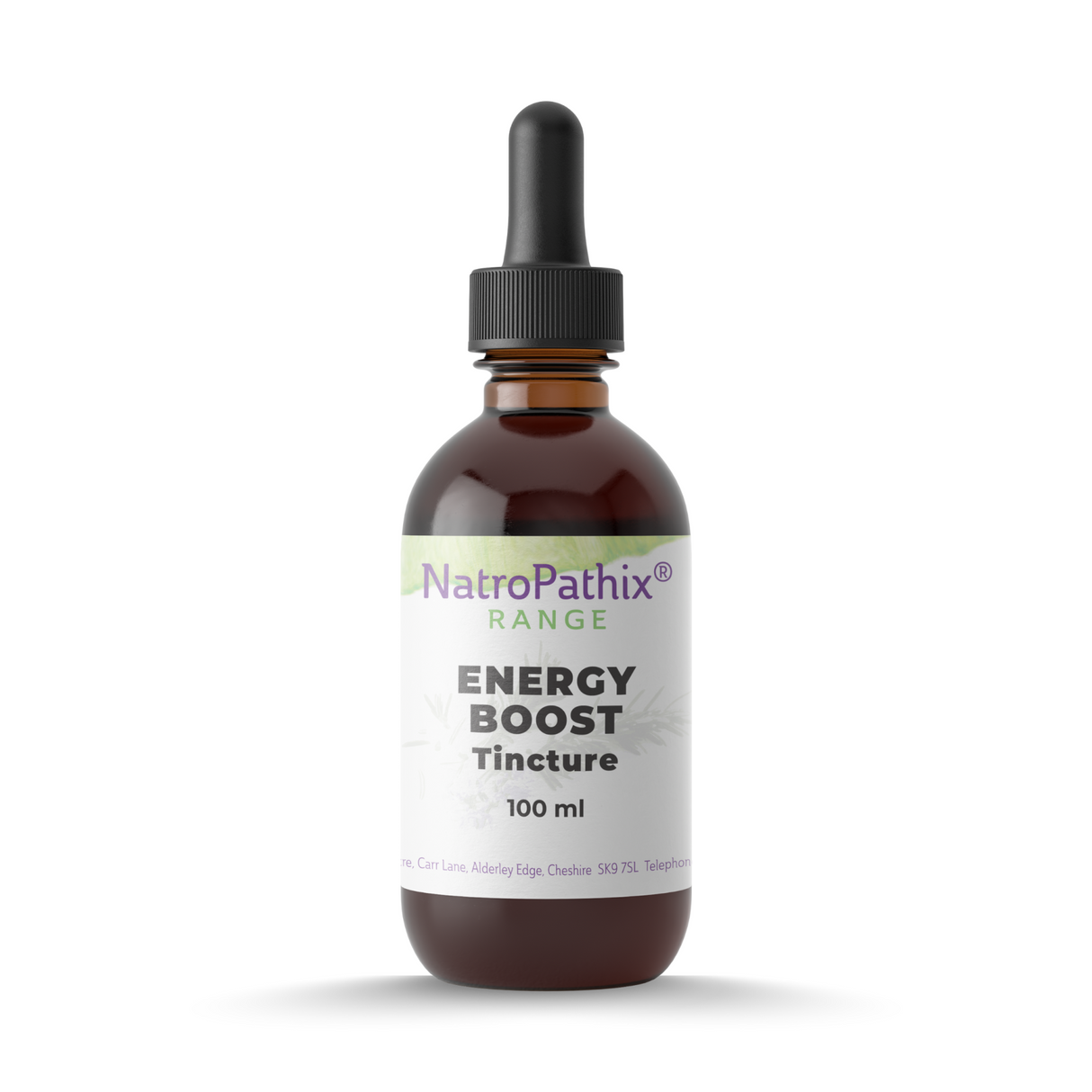 Brown glass dropper bottle labeled "Energy Boost Tincture - 100ml, 200ml & 300ml" on a white background, designed to support healthy energy levels and blood sugar balance.
