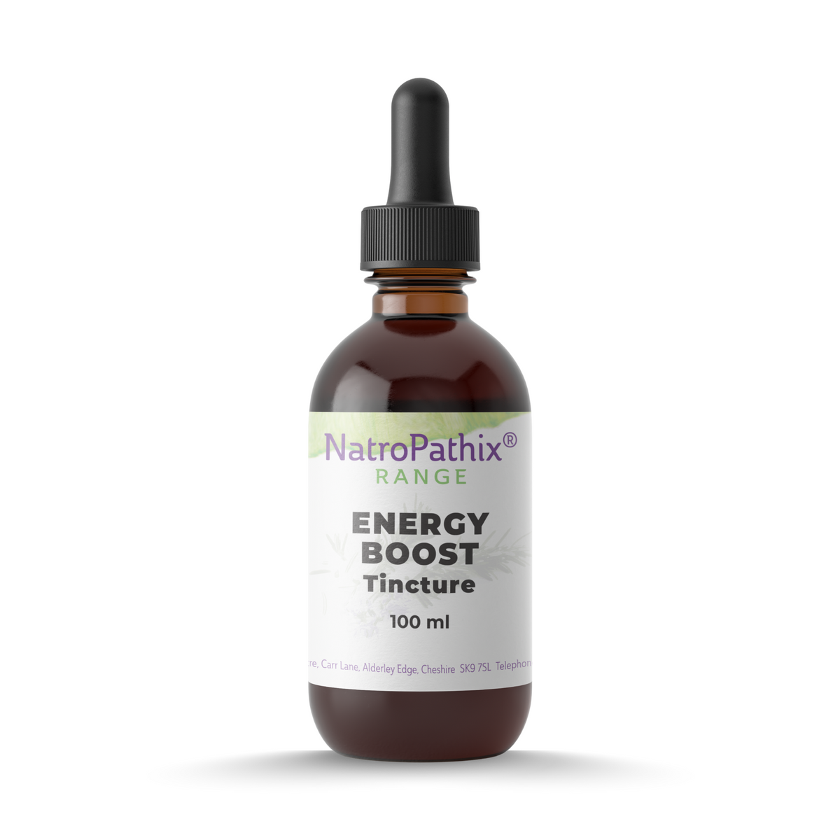 Brown glass dropper bottle labeled "Energy Boost Tincture - 100ml, 200ml & 300ml" on a white background, designed to support healthy energy levels and blood sugar balance.