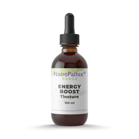 Brown glass dropper bottle labeled "Energy Boost Tincture - 100ml, 200ml & 300ml" on a white background, designed to support healthy energy levels and blood sugar balance.