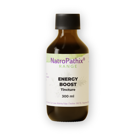 A brown bottle labeled "Energy Boost Tincture - 300ml" is shown on a white background, promoting energy boost and liver support.