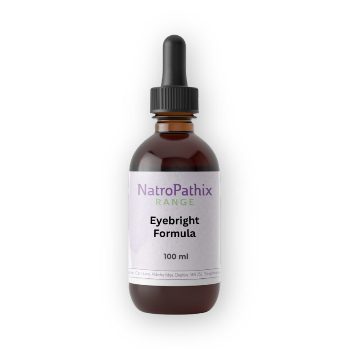 Brown glass dropper bottle labeled "Eyebright Formula - 50ml" on a white background, designed to help relieve sore eyes and support natural ways to improve eyesight.