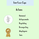 Fem-Ease - 100 Capsules: Featuring a leaf illustration and quality guarantee badge, this product supports relief from premenstrual and menopausal symptoms.