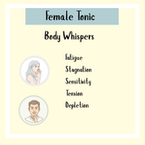 List of body whispers for Female Tonic - 200/300ml with illustrations of a woman and man making a 'shh' gesture, highlighting menstrual regulation and overall female wellness.