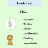 Text reading "Female Tonic - 200/300ml" highlights benefits like menstrual regulation and hormonal support, with a botanical illustration on a light green background—ideal for promoting female wellness.