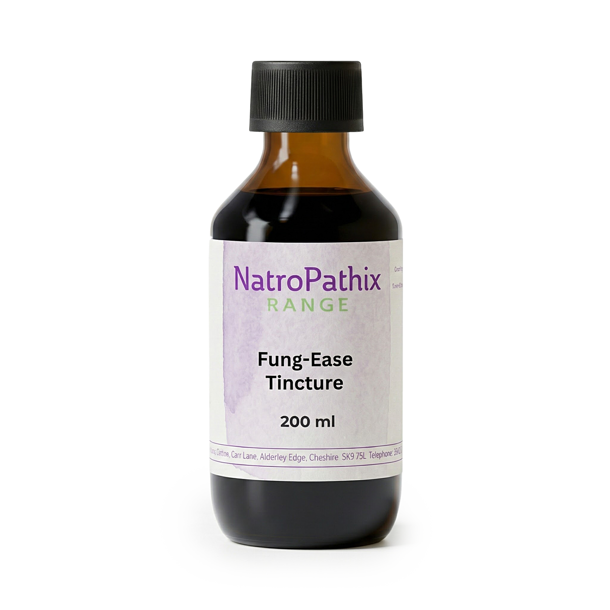 A bottle of Fung-Ease tincture - 200/300ml with a black cap, a herbal antifungal solution designed to help treat fungal nails and candida.