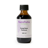 A brown bottle labeled "Fung-Ease tincture - 200ml" with a black cap, formulated to support antifungal care and manage fungal nail issues.