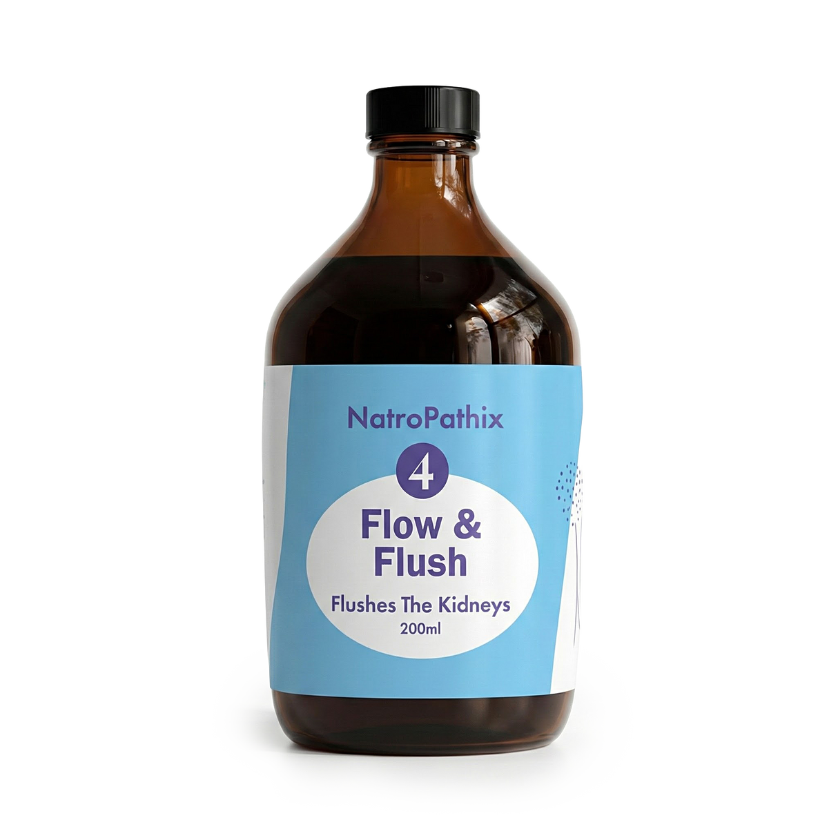 A brown bottle labeled "Flow & Flush Formula - 200ml" sits on a white background, promoting kidney cleanse and urinary health.