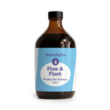 A brown bottle labeled "Flow & Flush Formula - 200ml" sits on a white background, promoting kidney cleanse and urinary health.