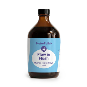 A brown bottle labeled "Flow & Flush Formula - 200ml" sits on a white background, promoting kidney cleanse and urinary health.