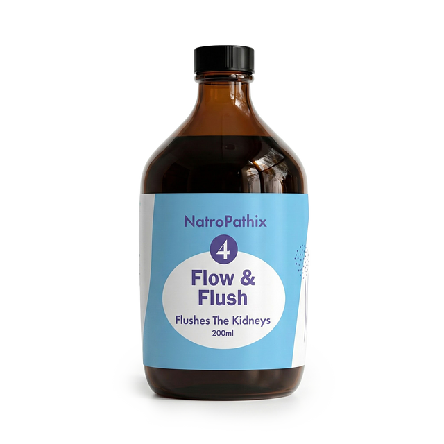 A brown bottle labeled "Flow & Flush Formula - 200ml" sits on a white background, promoting kidney cleanse and urinary health.