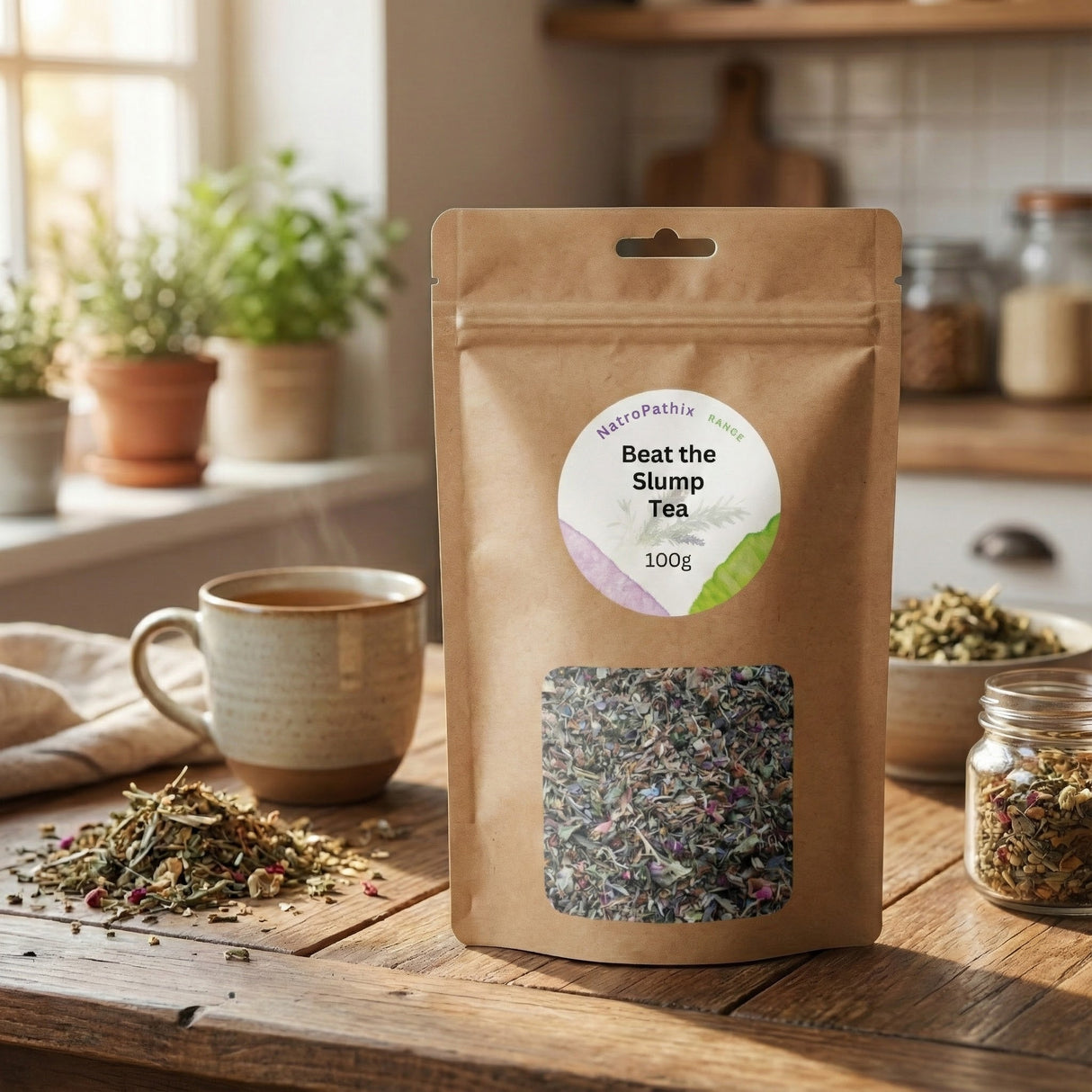 A 100g bag of Beat-The-Slump Tea rests on the table, expertly crafted to support blood sugar balance and provide a natural energy boost.