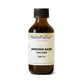 Brown bottle labeled “Mucous-Ease Tincture – 200/300ml” from the NatroPathix Range on a white background; this herbal tincture is formulated to help clear airways and relieve congestion.