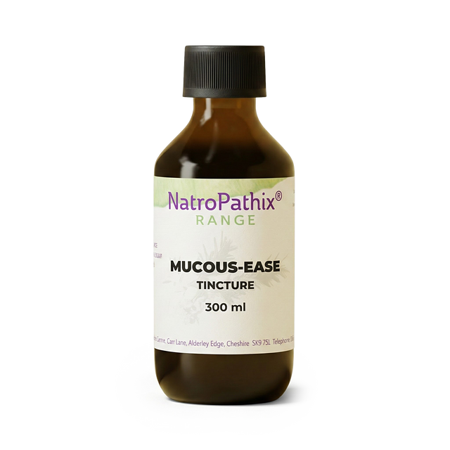 Brown bottle labeled “Mucous-Ease Tincture – 200/300ml” from the NatroPathix Range on a white background; this herbal tincture is formulated to help clear airways and relieve congestion.