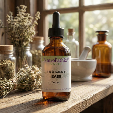 A 100 ml bottle of Indigest-Ease Tincture rests on a wooden table, providing gentle heartburn relief among assorted herbs and glass jars.