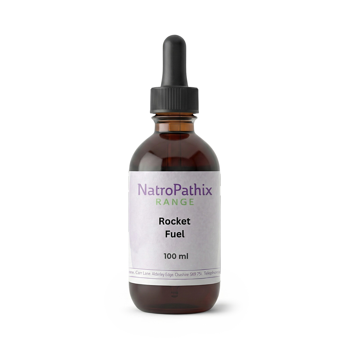 A 100 ml brown glass dropper bottle labeled "Rocket Fuel," an herbal tincture for male libido support, displayed on a plain white background.