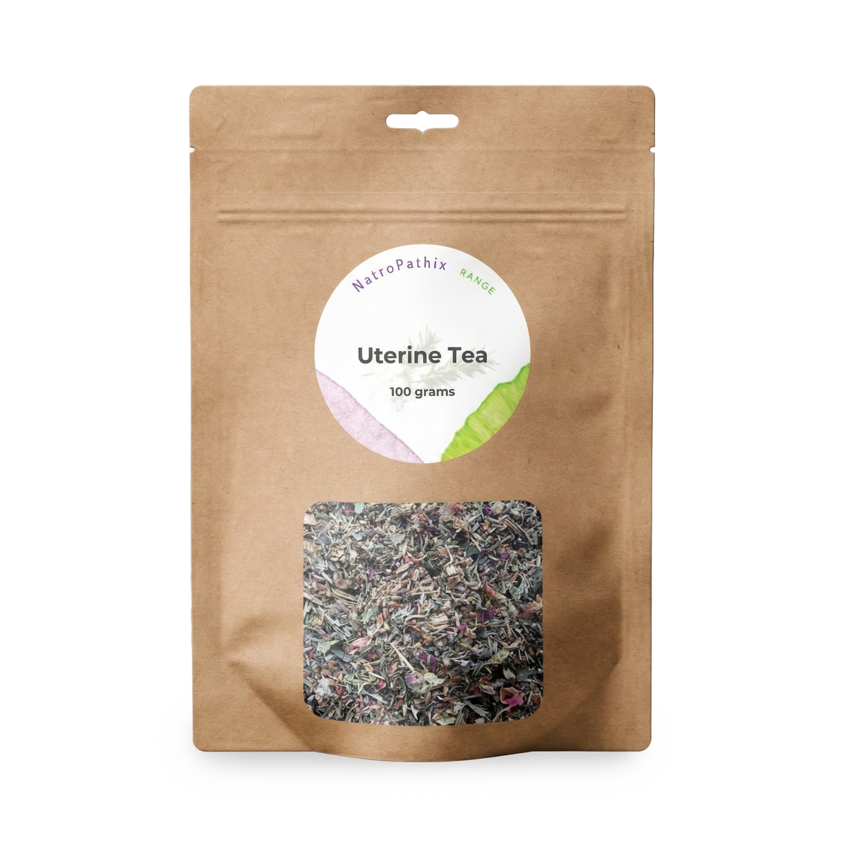 Brown resealable bag labeled "Uterine Tea - 100gms" features a clear window displaying loose herbal tea, carefully blended to support uterine health and women’s wellness.