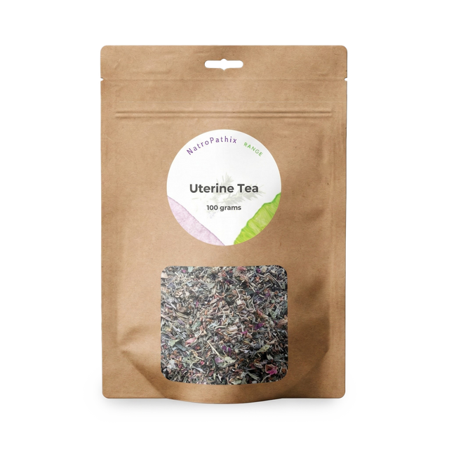 Brown resealable bag labeled "Uterine Tea - 100gms" features a clear window displaying loose herbal tea, carefully blended to support uterine health and women’s wellness.