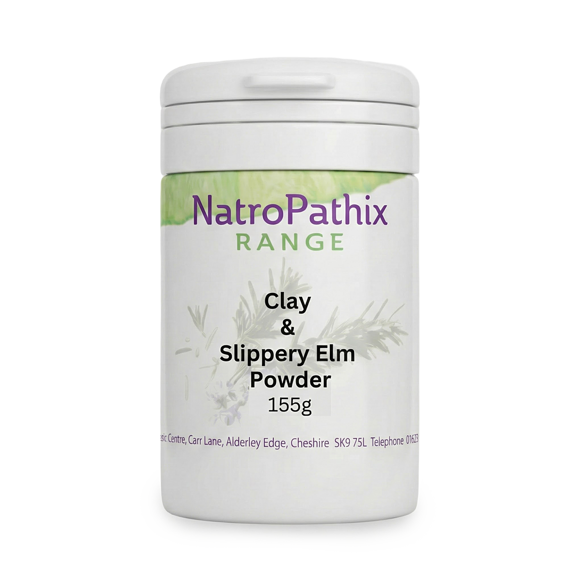 A white container labeled "Clay & Slippery Elm Powder 155g" is shown on a plain background, formulated as an intestinal purifier to support gastro-intestinal tract cleanse and detox.