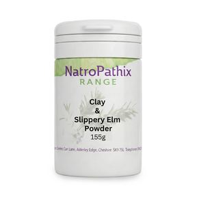 A white container labeled "Clay & Slippery Elm Powder 155g" is shown on a plain background, formulated as an intestinal purifier to support gastro-intestinal tract cleanse and detox.