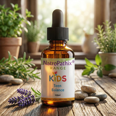 Kids Teen Balance 100ml tincture bottle with greenery