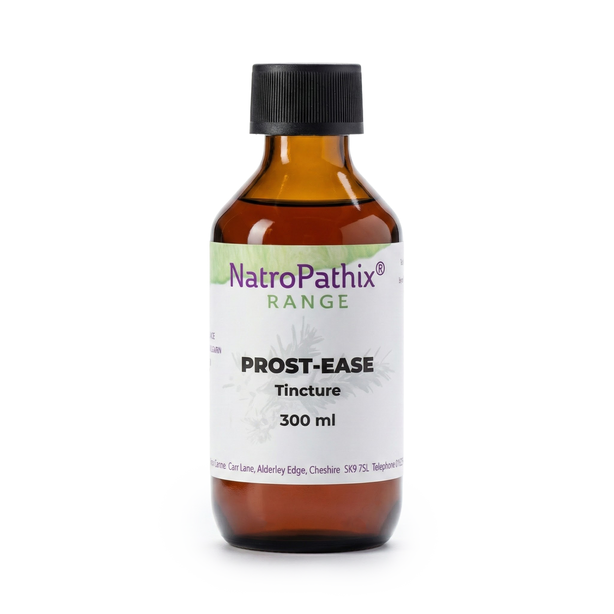 A brown glass bottle labeled "Prost-Ease Tincture - 300 ml" sits on a white background, providing a natural solution to support prostate health.