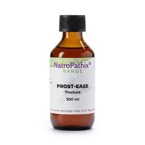 A brown glass bottle labeled "Prost-Ease Tincture - 300 ml" sits on a white background, providing a natural solution to support prostate health.