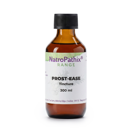 A brown glass bottle labeled "Prost-Ease Tincture - 300 ml" sits on a white background, providing a natural solution to support prostate health.