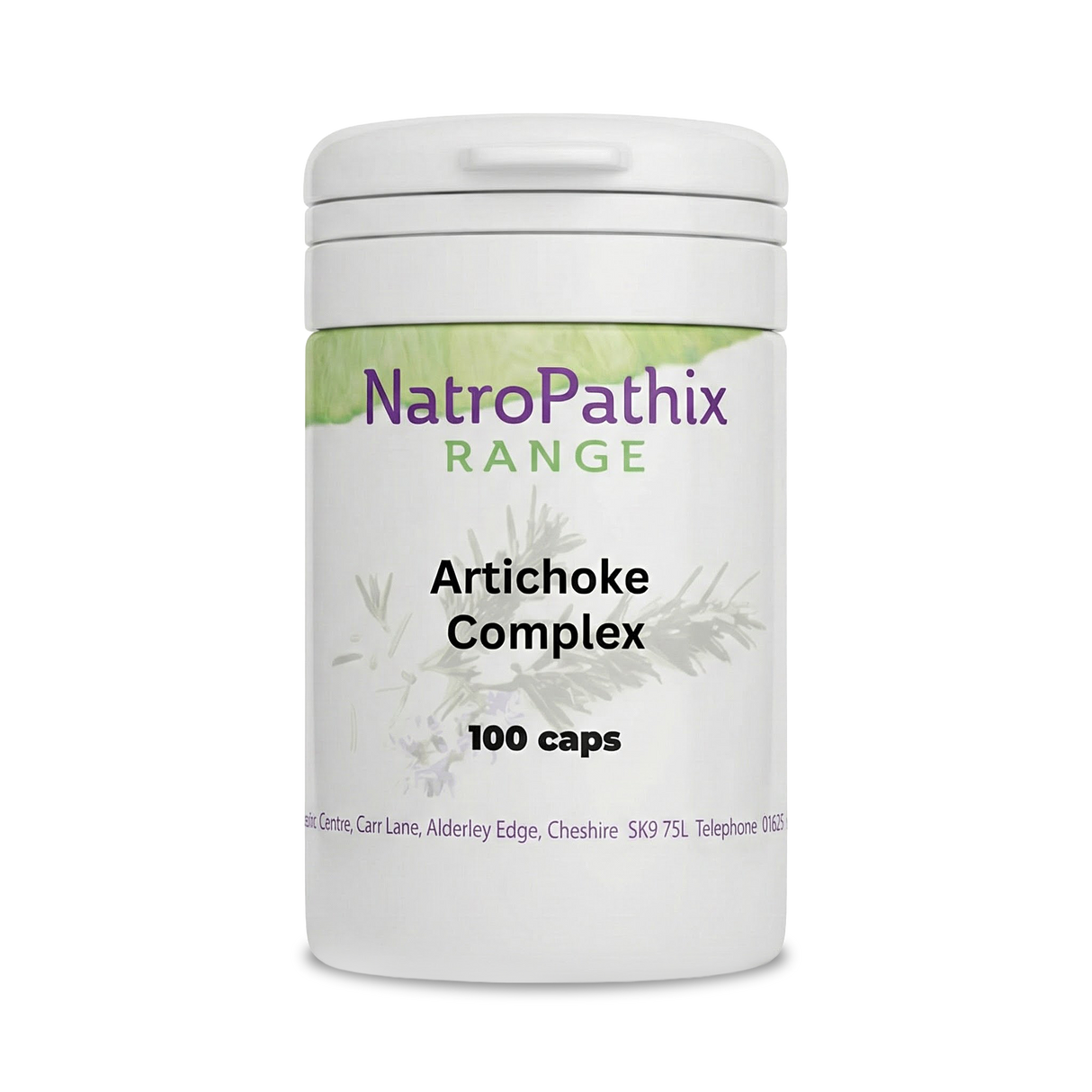 White bottle labeled "Artichoke Complex - 100 Capsules" with a green and purple design; formulated to support liver health and healthy digestion.