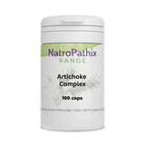 White bottle labeled "Artichoke Complex - 100 Capsules" with a green and purple design; formulated to support liver health and healthy digestion.