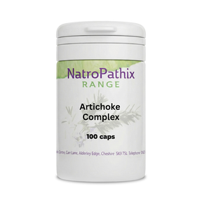 White bottle labeled "Artichoke Complex - 100 Capsules" with a green and purple design; formulated to support liver health and healthy digestion.