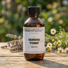 A bottle of Serene Tonic Tincture - 200/300ml rests on a wooden table with flowers in the background, showcasing its calming benefits.