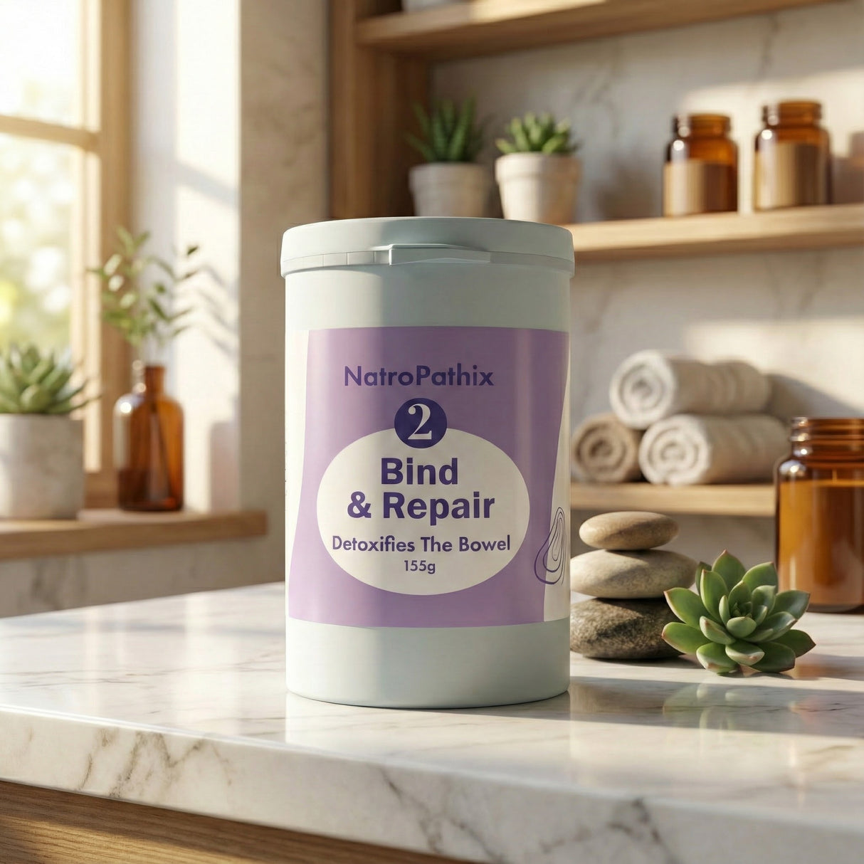 A 150gm container of Bind & Repair Powder, formulated for colon detox and heavy metal removal, sits on a marble counter surrounded by plants and towels.