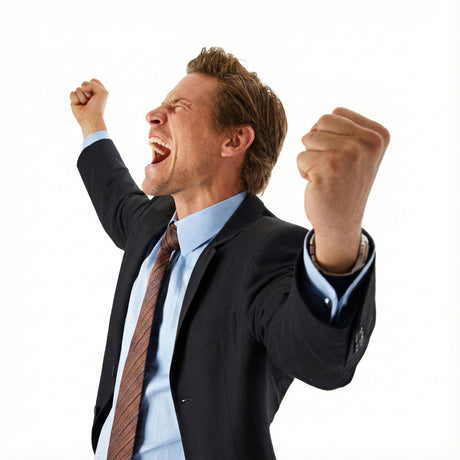A man in a suit celebrates with clenched fists raised and mouth open in excitement, embodying the revitalizing boost of the Pick-me-up Combination for Men against a white background.