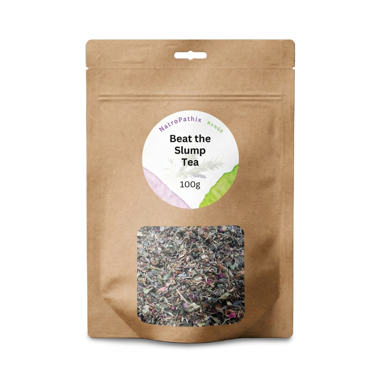 Brown resealable pouch labeled "Beat-The-Slump Tea - 100 gms" contains loose herbal tea for natural energy, visible through a clear window.