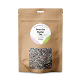 Brown resealable pouch labeled "Beat-The-Slump Tea - 100 gms" contains loose herbal tea for natural energy, visible through a clear window.