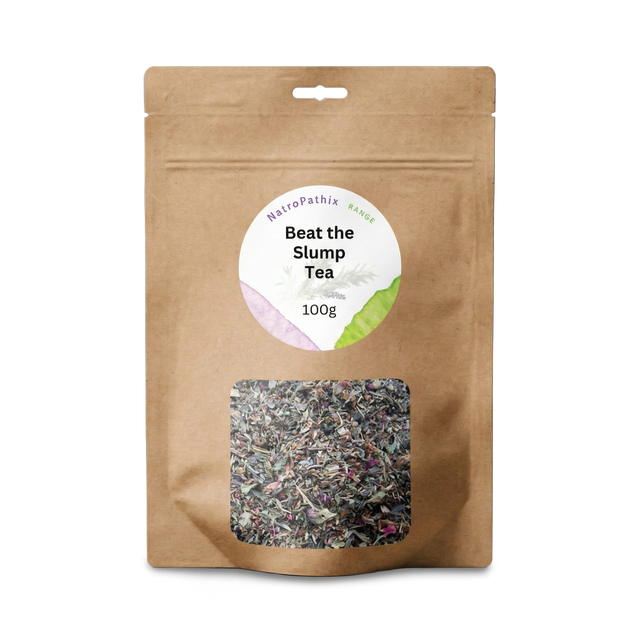 Brown resealable pouch labeled "Beat-The-Slump Tea - 100 gms" contains loose herbal tea for natural energy, visible through a clear window.