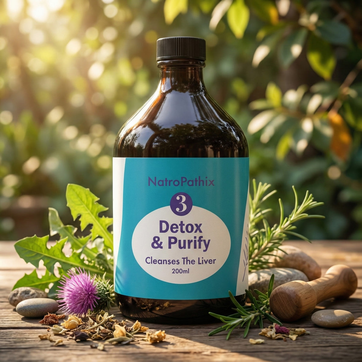 A bottle of Detox & Purify Formula - 200ml rests on a wooden table with herbs, stones, and sunlight in the background, highlighting this herbal tincture for detox and cleanse.