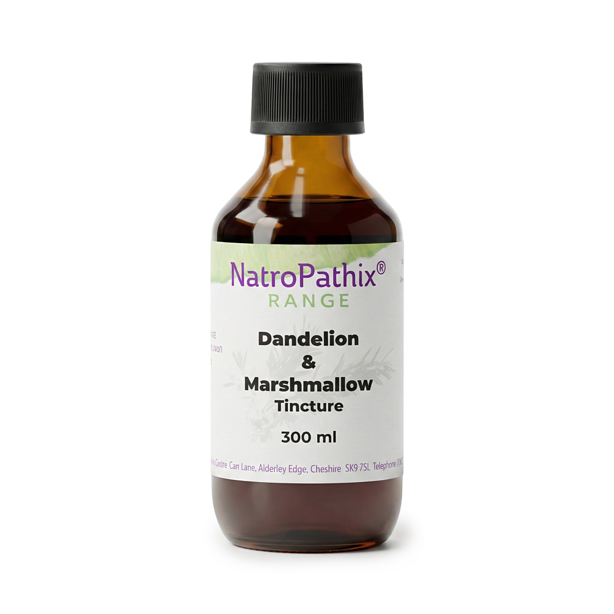Brown bottle labeled "Dandelion & Marshmallow Formula - 200/300ml" with a black cap, known for kidney support and urinary tract benefits.