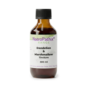 Brown bottle labeled "Dandelion & Marshmallow Formula - 200/300ml" with a black cap, known for kidney support and urinary tract benefits.