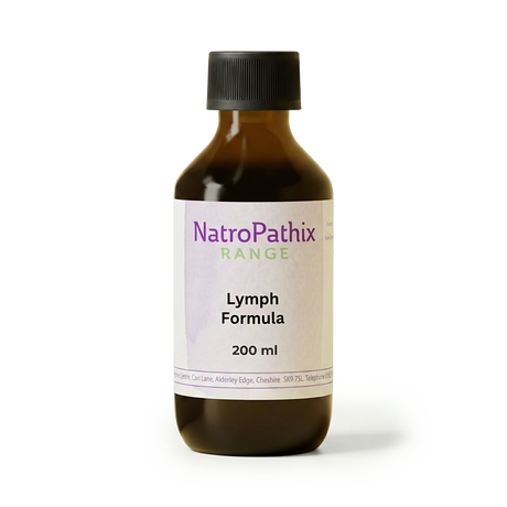 Brown bottle labeled "Lymph Formula - 200/300ml" with black cap on white background, designed to support lymphatic system detox and help clear infection.