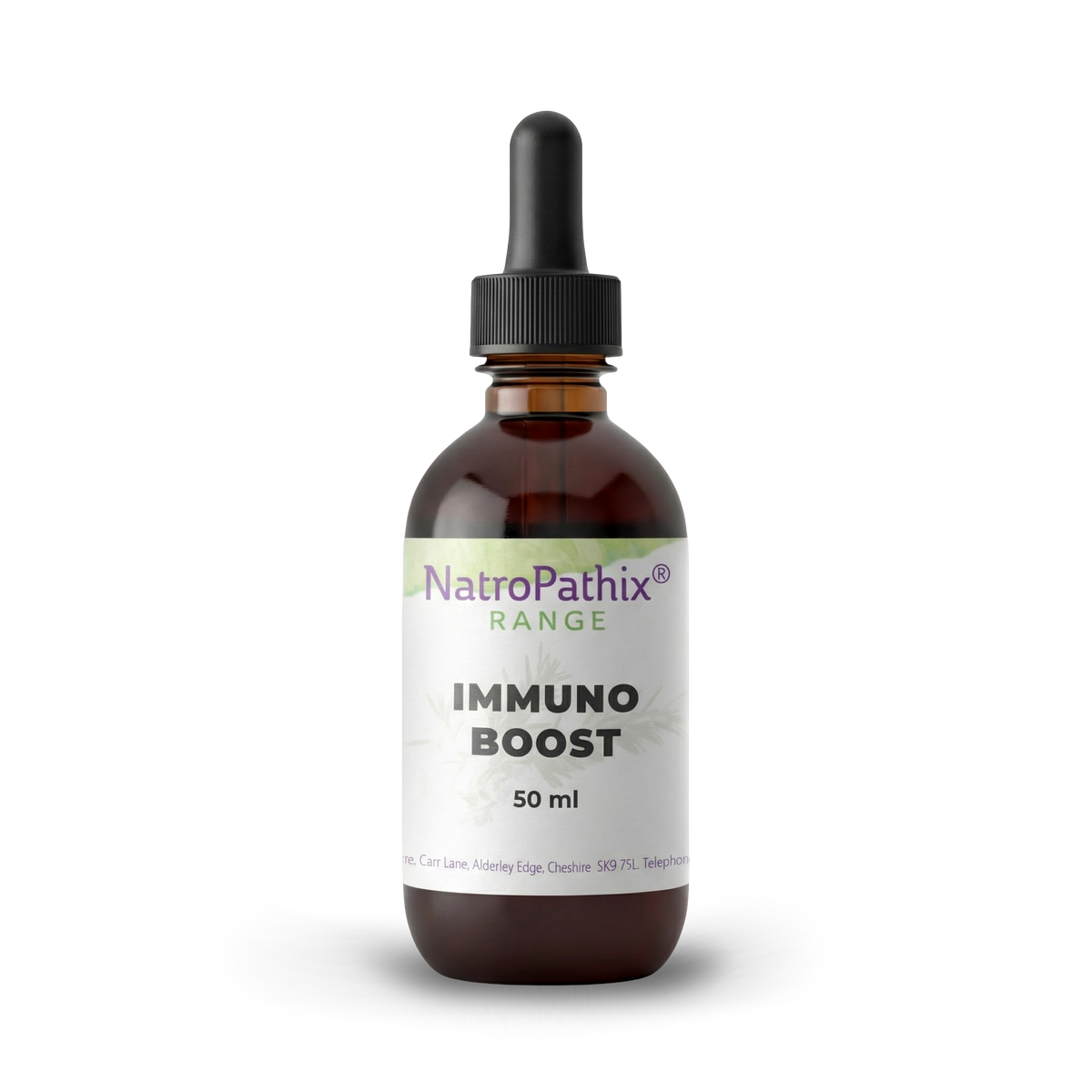 Brown glass dropper bottle labeled "Immuno-Boost Tincture - 50ml" for immune support, shown on a white background.
