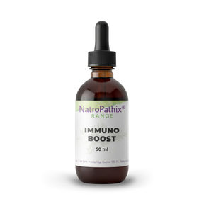 Brown glass dropper bottle labeled "Immuno-Boost Tincture - 50ml" for immune support, shown on a white background.