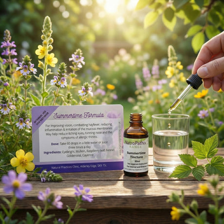 A bottle of Summertime Tincture - 50ml, a dropper, and a glass of water sit outdoors amid wildflowers—ideal for blending this anti-inflammatory formula for hayfever relief.