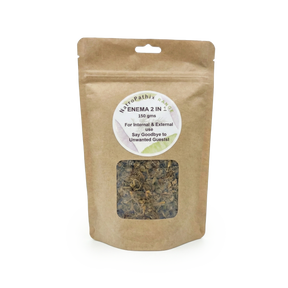 Enema 2-1 Tea - 150gms comes in a brown resealable pouch with a dried herbal blend, ideal as a herbal tea for natural parasite cleansing and worm elimination.