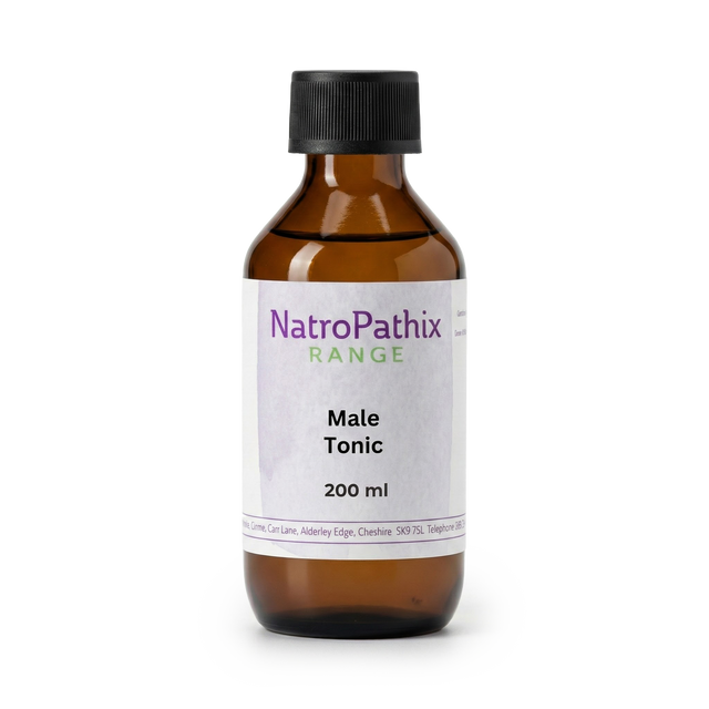 A brown bottle of Male Tonic (200/300ml) with a white label, designed to support prostate health.