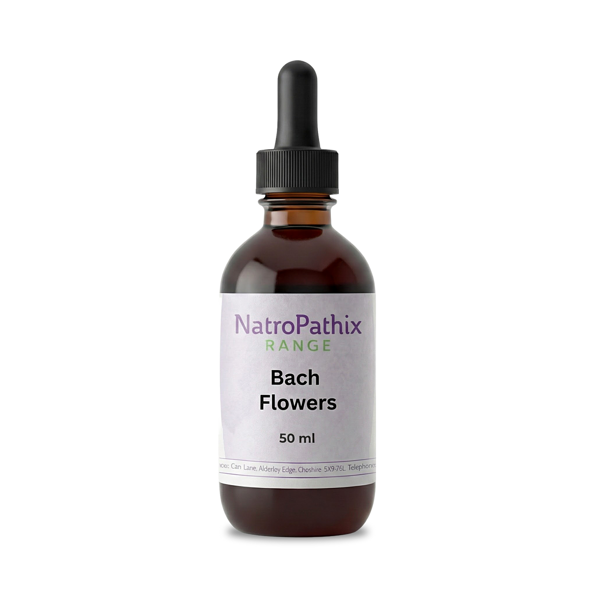 Brown glass dropper bottle labeled "Bach Flowers - 50ml" on a white background, ideal for supporting emotional wellbeing with personalised blends from trusted Bach Flower Remedies.