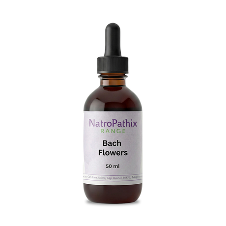 Brown glass dropper bottle labeled "Bach Flowers - 50ml" on a white background, ideal for supporting emotional wellbeing with personalised blends from trusted Bach Flower Remedies.