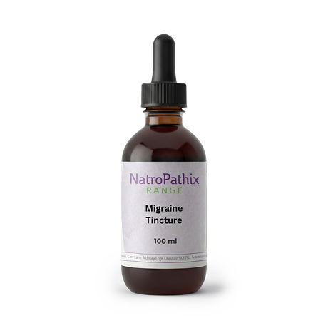 Brown glass dropper bottle labeled "Migraine Tincture - 100 ml" on a white background, featuring a blend of medicinal herbs traditionally used for migraine relief.