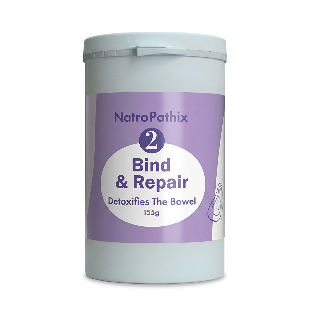 A 150g container of Bind & Repair Powder, featuring a purple and white label—an effective intestinal purifier formulated for colon detox and heavy metal removal.