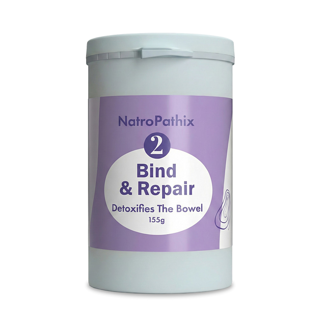 A 150g container of Bind & Repair Powder, featuring a purple and white label—an effective intestinal purifier formulated for colon detox and heavy metal removal.